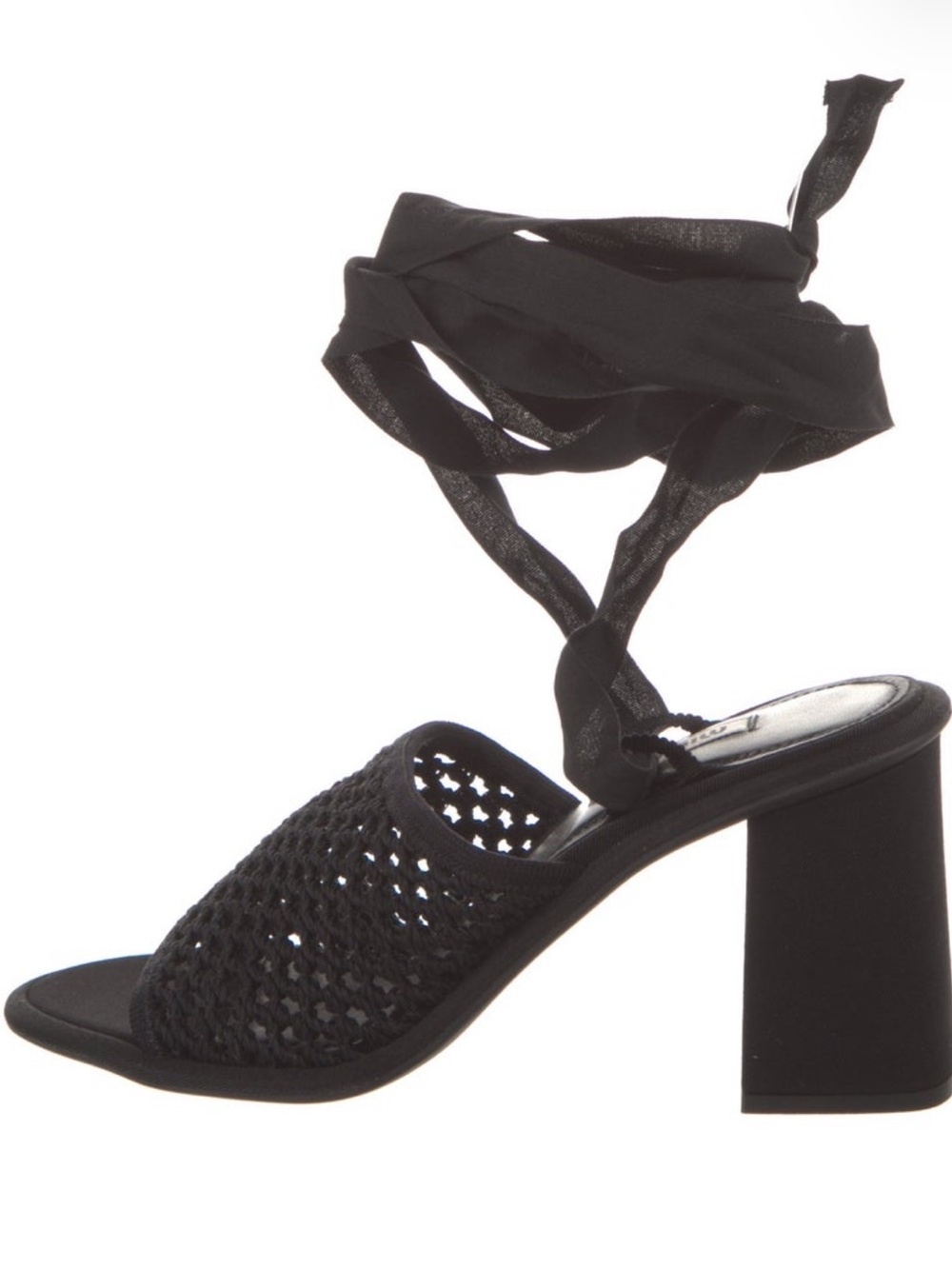 Miu Miu Black Woven Cutout Block-Heel Sandals with Ankle Wrap